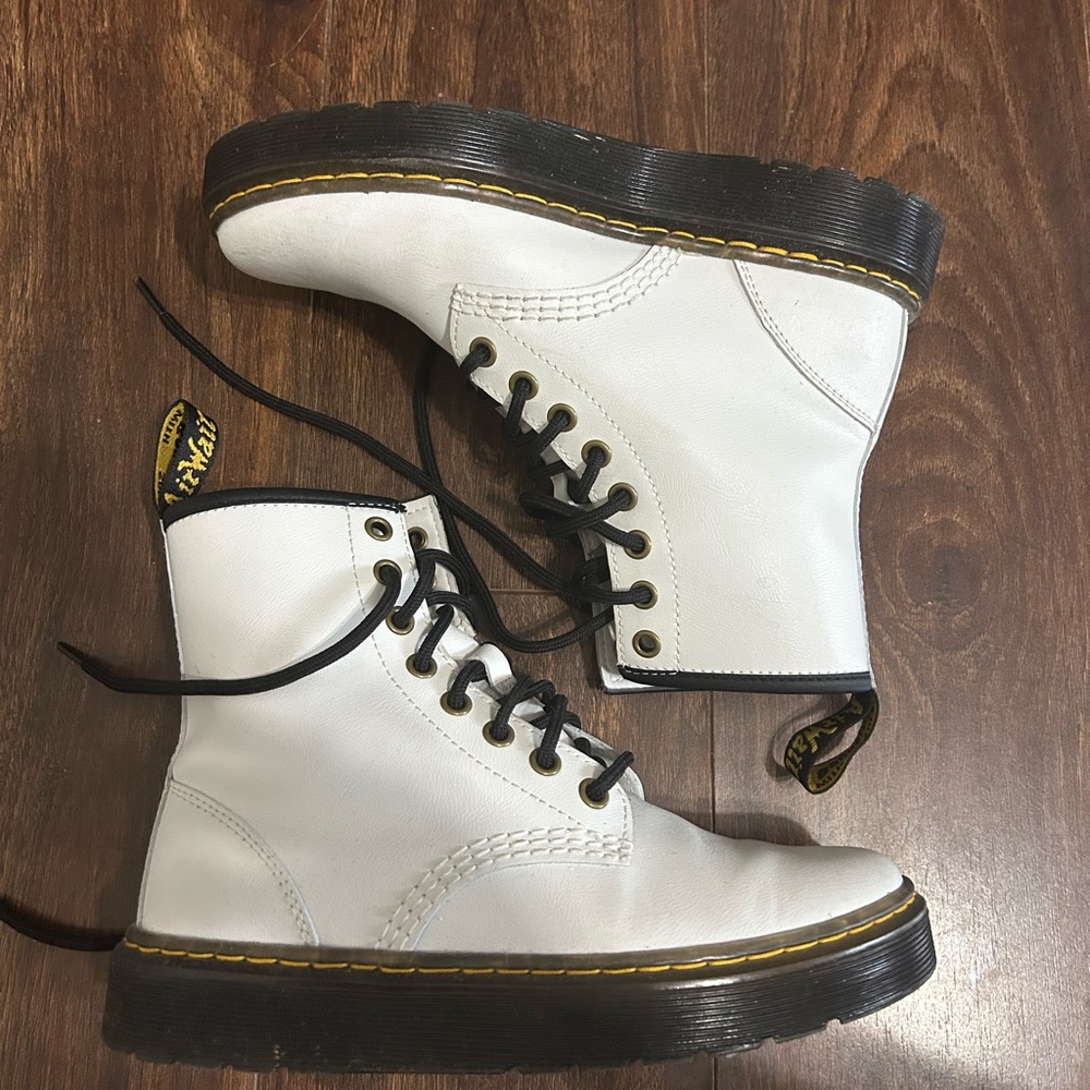 Dr. Martens White Combat Boots with Yellow Stitching